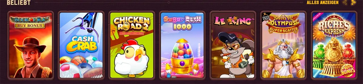 German online casino game carousel labeled “Popular,” showing slot tiles for Book of Ra Buy Bonus, Cash Crab, Chicken Road 2, Sugar Rush 1000, Le King, Gates of Olympus Super Scatter, and Riches Express.
