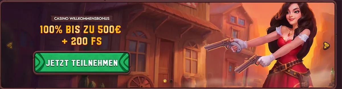 German casino welcome bonus banner featuring a cartoon cowgirl character, promoting a 100% bonus up to €500 plus 200 free spins, with a large “Jetzt teilnehmen” call-to-action button on a western-themed background.
