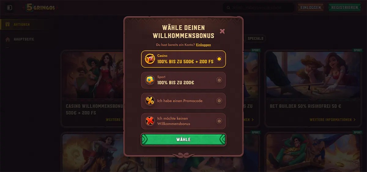 German online casino welcome bonus selection popup offering options for a casino bonus of 100% up to 500€ plus 200 free spins, a sports bonus of 100% up to 200€, promo code entry, or no welcome bonus, with a confirm button and a darkened casino homepage in the background.