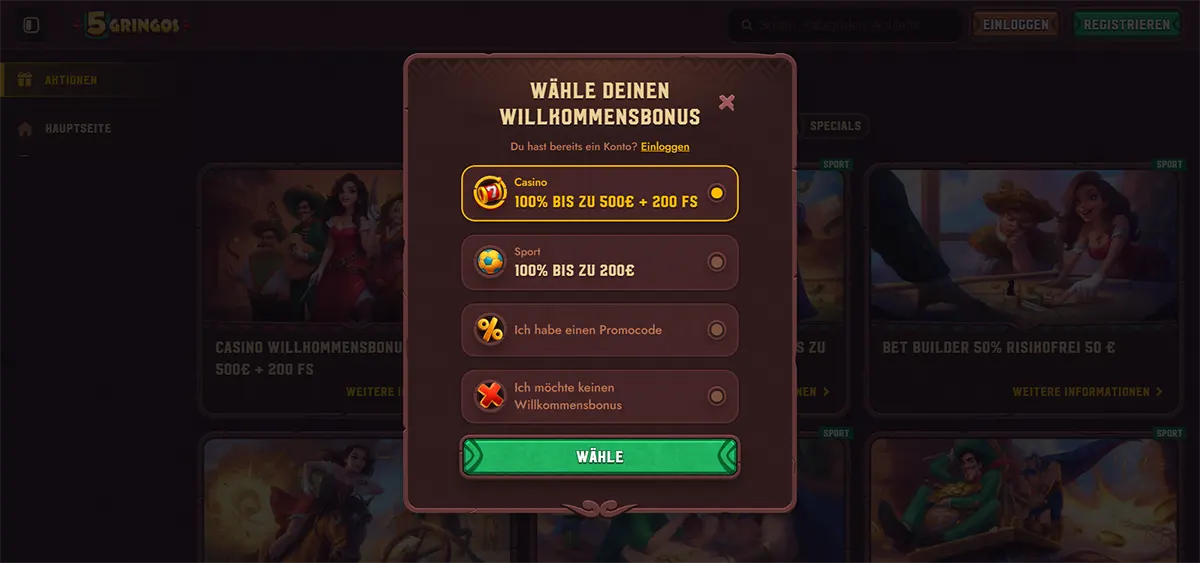 German online casino welcome bonus selection popup offering options for a casino bonus of 100% up to 500€ plus 200 free spins, a sports bonus of 100% up to 200€, promo code entry, or no welcome bonus, with a confirm button and a darkened casino homepage in the background.